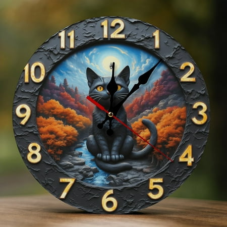Wall Clock Decorative - Elegant Black Cat Print 2D Vintage Wall Clocks Battery Operated Silent Non-Ticking for Bedroom, Living Room, Kitchen, Office, Classroom, 10 Inch