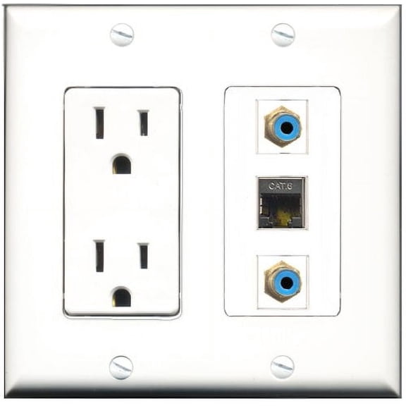 RiteAV - 15 Amp Power Outlet 2 Port RCA Blue 1 Port Shielded Cat6 Ethernet Ethernet Decorative Wall Plate