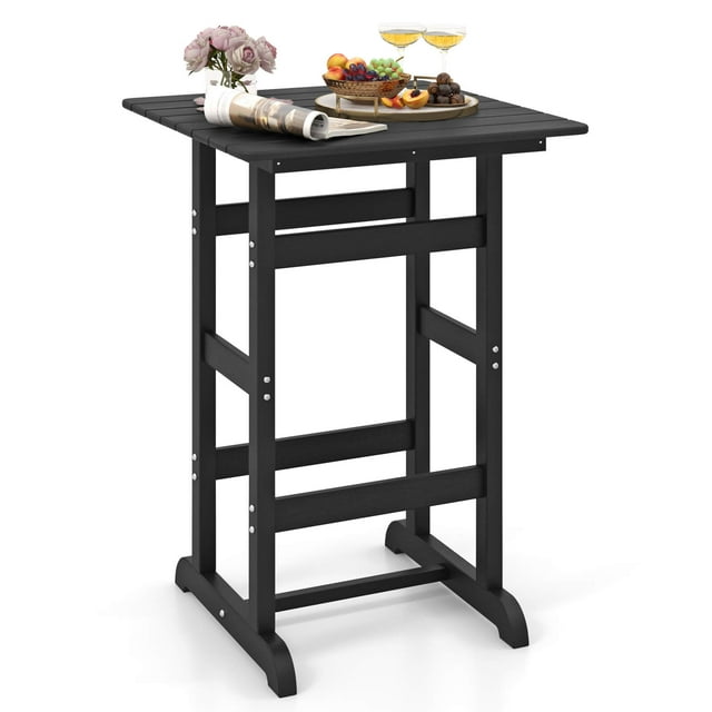 Costway Table de Bar d'Extérieur Toutes Saisons en HDPE, Table de Patio avec Grains de Bois, Table Bistro Noire