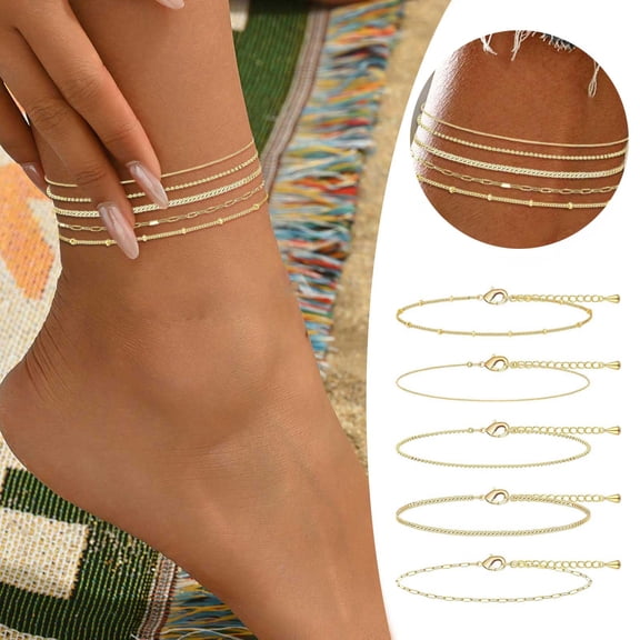 Gold Plated Stackable Anklet Set for Women Adjustable Layered Beach Jewelry Summer Foot Chain Ankle Bracelets 5PCS