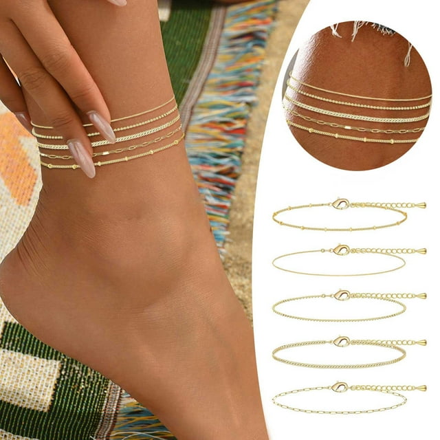 Small Chain Anklets Minimalist Stackable Foot Jewelry Summer Fashion Accessory for Women Teens 5PCS