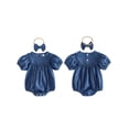 thumbnail image 2 of BemeyourBBs Newborn Baby Girls Summer Clothes Cute Western Cowgirl Outfits Infant Girl Denim Bubble Romper Puff Short Sleeve Round Neck Jeans Bodysuit and Headband Set, 2 of 9