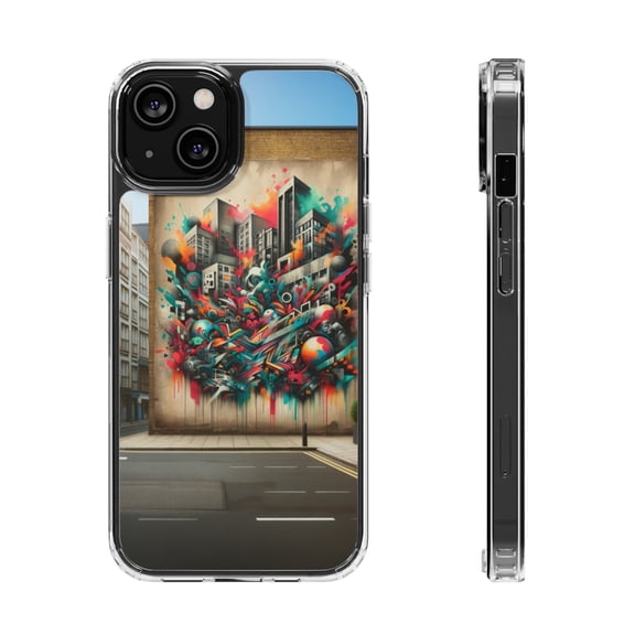 DistinctInk Hybrid (Acrylic / TPU) Clear Slim Fit Case for Apple iPhone 13 MINI (5.4" Screen) - "Vibrant Graffiti Splashes Color on Urban Streetscape"