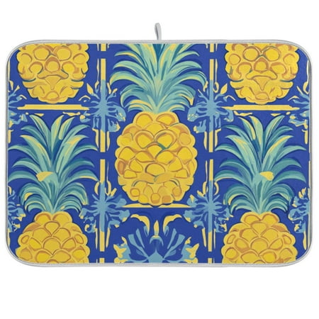 

Pineapples and Blue Abstract Flower Pattern Dish Drying Mat Absorption Pad Kitchen Drainer for Counter Dinning Table 18 x 24