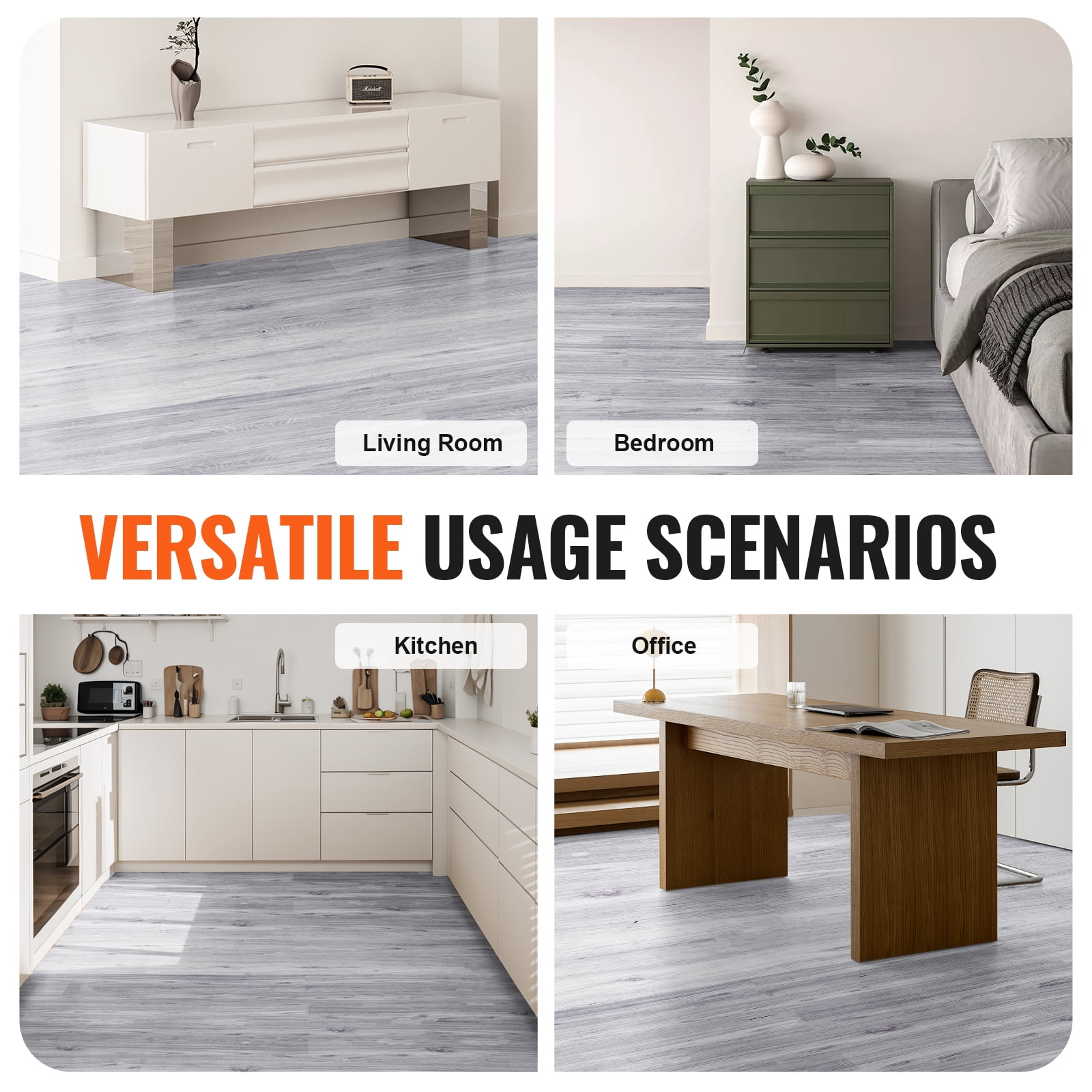 VEVOR Self Adhesive Vinyl Floor Tiles 36 x 6 inch, 20 Tiles 0.62mm Thick Peel & Stick, Light Gray Wood Grain DIY Flooring for Kitchen, Dining Room, Bedrooms & Bathrooms, Easy for Home Decor