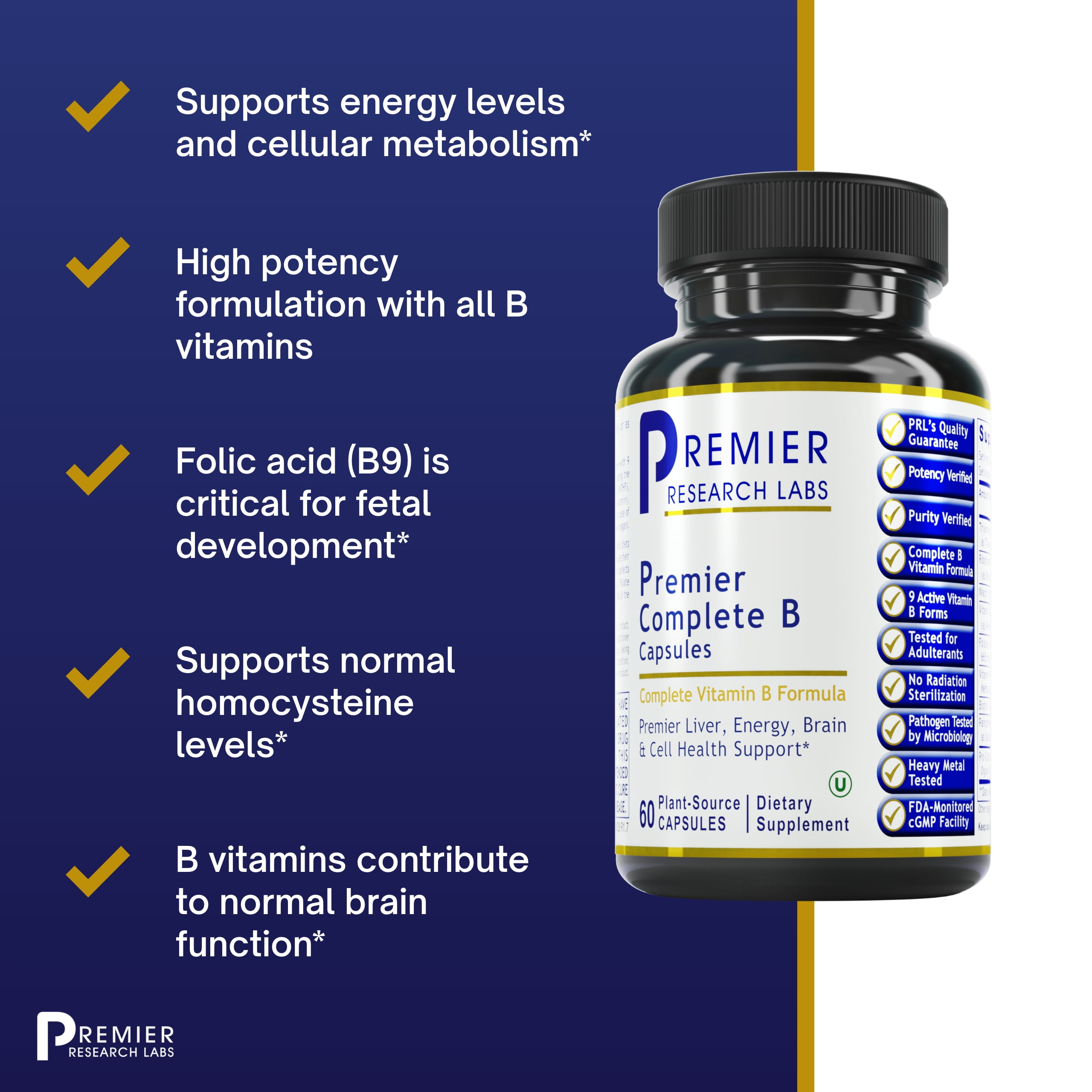 Premier Research Labs Complete B Premier - Vitamin B Complex - 9 Active B Vitamins - Liver, Energy & Brain Support - B Vitamin with Biotin, Thiamine, Folate & More - 60 Plant-Sourced Capsules