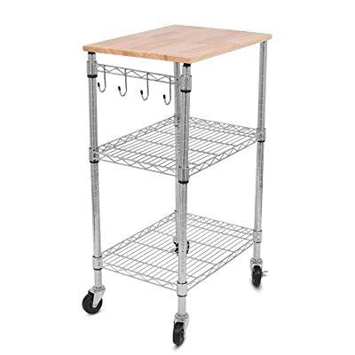 Internet's Best 3-Tier Kitchen Cart | Kitchen Island Trolley with Locking Wheels | Removable Cutting Board | 4 Hooks for Cooking Utensils | Extra Rolling Adjustable Shelving