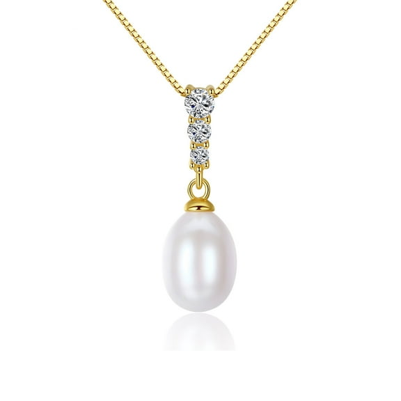 Bellitia Jewelry Gold Plated 925 Sterling Silver Chain Necklace for Women Pearl & CZ Simulated Diamond Pendant Necklace, Handpicked Freshwater Cultured Pearl Necklace Pendant