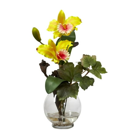 Nearly Natural Mini Cattleya Silk Flower Arrangement with Fluted Vase, White