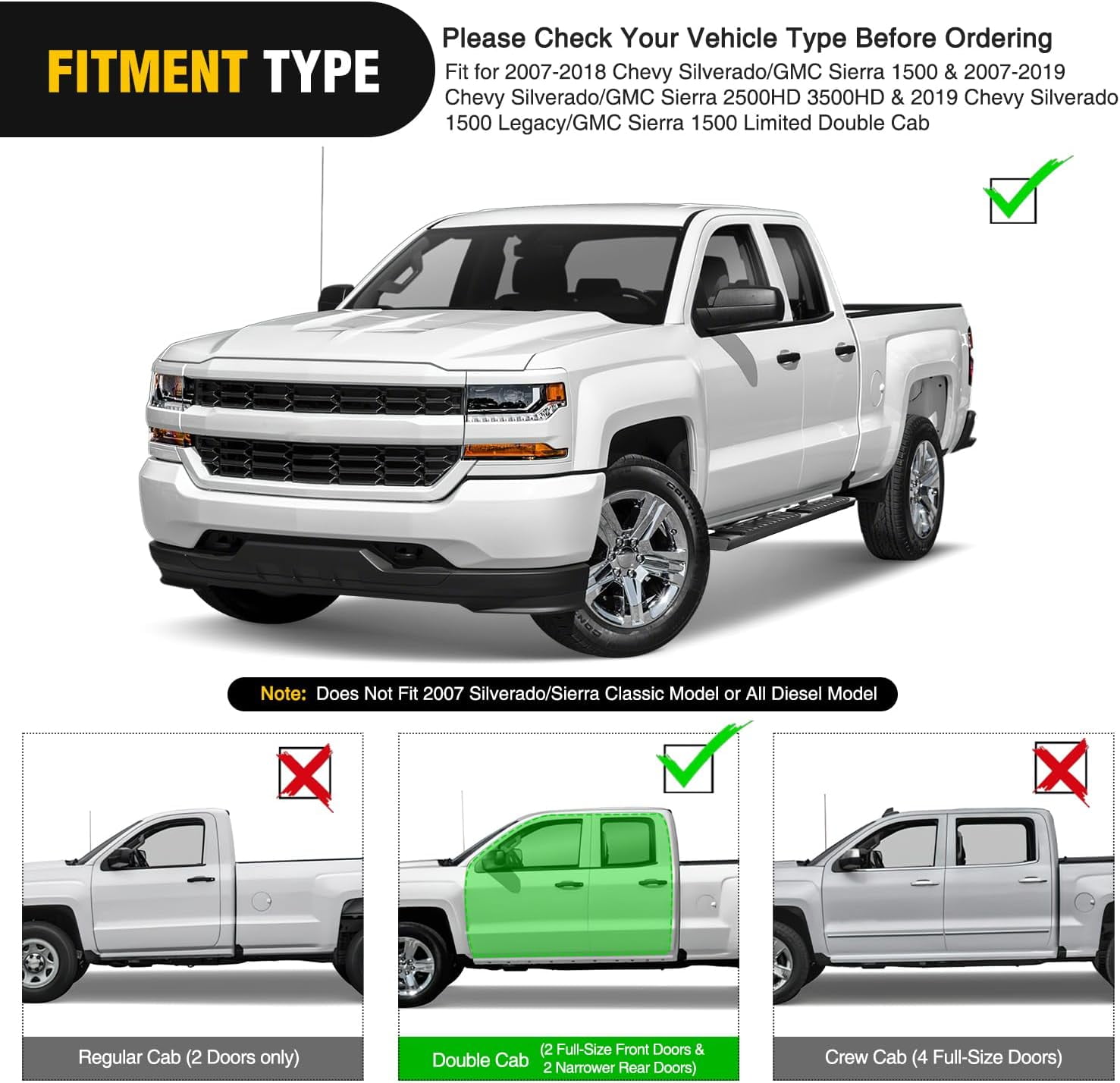 Nilight Running Boards for 2007-2018 Chevy Silverado/GMC Sierra 1500 Double Extended Cab 2007-2019 Chevy Silverado/GMC Sierra 2500HD 3500HD 6 Inch Aluminum Side Step Nerf Bars