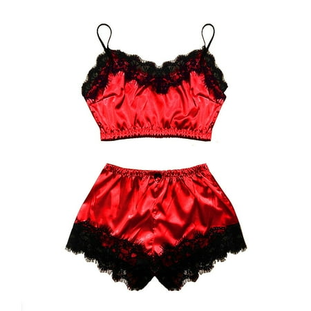 

Rovga Women Satin Lace Camisole With Bow Shorts Pajamas Lingerie Sleepwear Set S-Xl Female Underwear