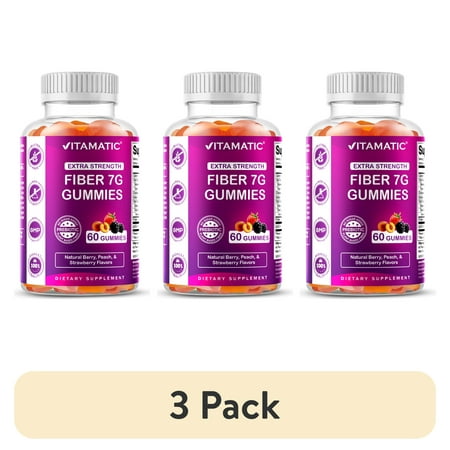 (3 pack) Vitamatic Prebiotic Fiber Gummies for Adults - 7G Fiber Extra Strength - Zero Sugar Added - 60 Pectin Based Gummies - Digestive Health & Regularity Support