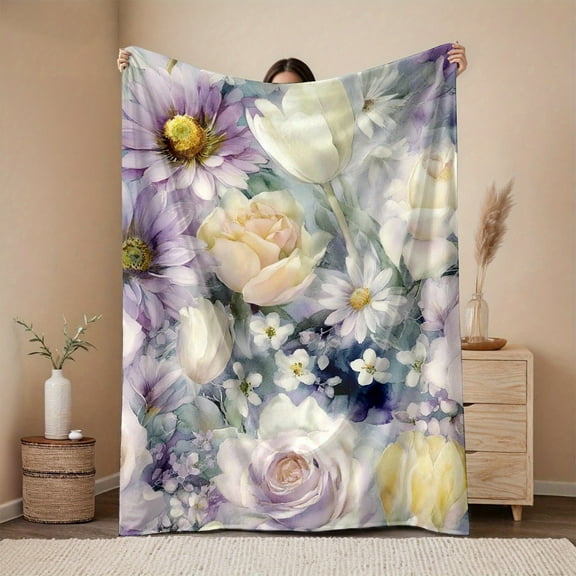 1pc Extra Large Flannel Blanket - Ultra-Cozy 280GSM Heavyweight All-Season Soft Bedspread - Vintage Floral design in Pastel Pink, Purple, White, Green - Sofa, Bed, Car, Camping Throw - Elegant Home