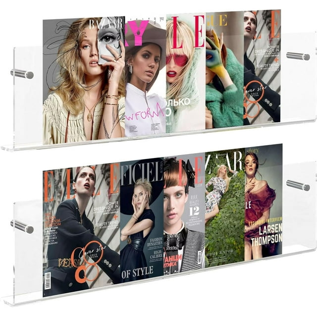 JOTNGDJBN 2-Pack Acrylic Magazine Holder - 24 Inch Clear Wall Mounted Floating Bookshelf for Brochures, Records & Books, Modern Storage Rack for Office, Living Room, Waiting Room (Clear, 24 Inch)