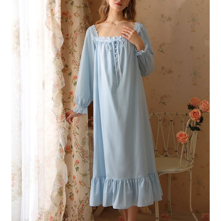 Previn Women's Cotton Victorian Nightgown Cute Pajamas Dress Princess Summer Long Night Dress Vintage Short Sleeve Ruffle Comfy Soft Sleepwear Blue X-Large
