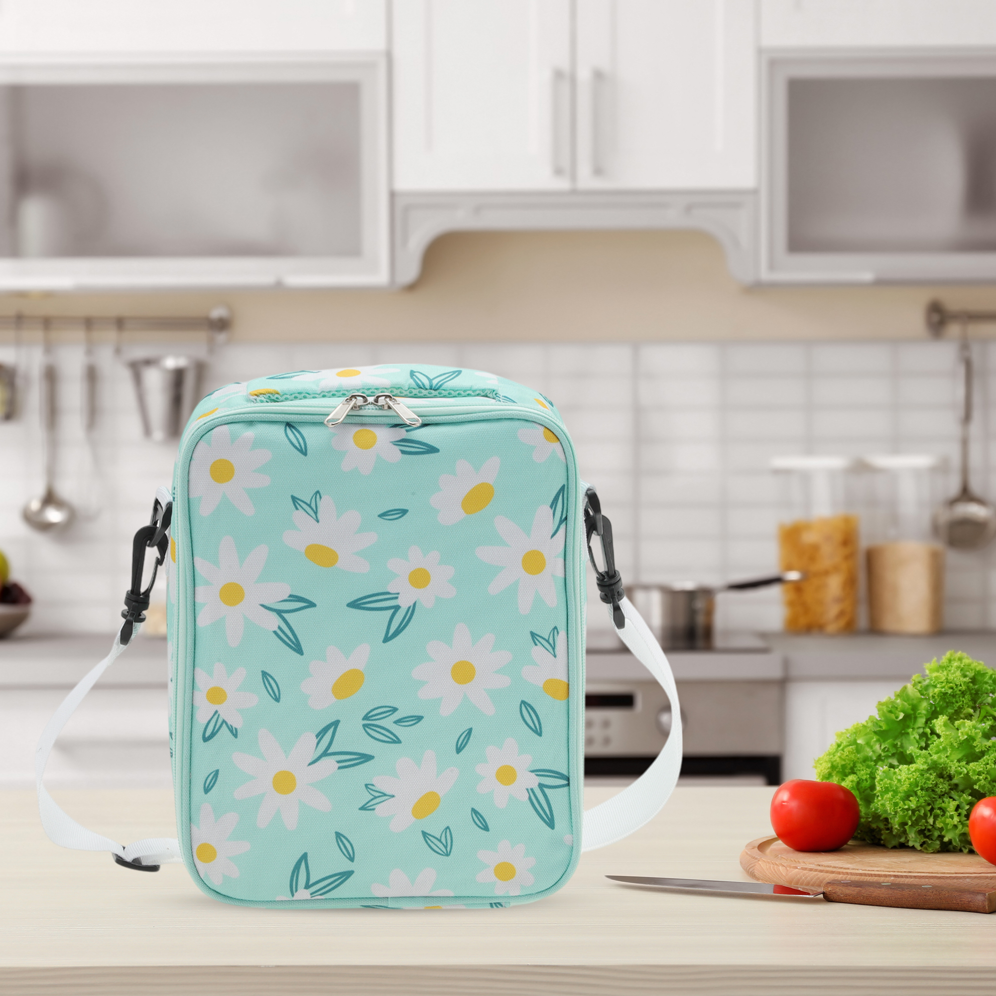 Unique Bargains Lunch Bag with Shoulder Strap 1 Pc Light Blue [Flower]