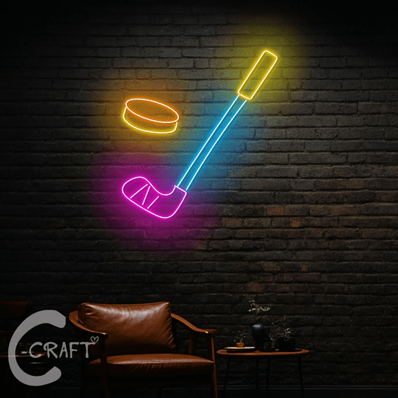 C-CRAFT Ice Hockey Stick & Puck Neon Led Light Up 18 inch for Bedroom Wall Decor