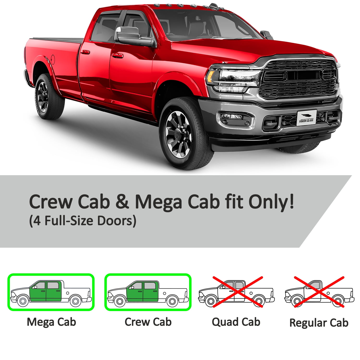 Voron Glass In-Channel Extra Durable Rain Guards for Trucks Dodge RAM 2500 3500 2019-2026 Crew Cab, Window Deflectors, Vent Window Visors, 4 Pieces - 220010v