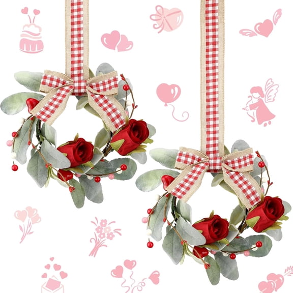 2 Pieces 9" Mini Valentine Wreath for Front Door Small Valentine's Day Red Rose Wreath Decor for Kitchen Cabinet Porch Wall Window Chair(Red Rose Style)