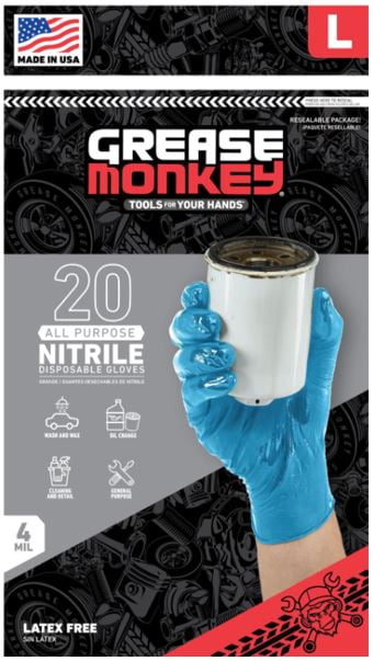 Grease Monkey Disposable Gloves, Nitrile Gloves, All Purpose, Latex Free, Blue, Large, 20 Count