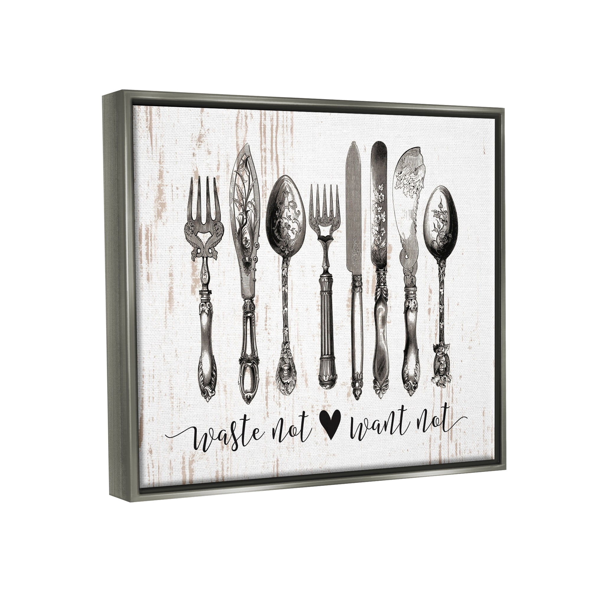Stupell Industries Waste Not Want Not Silverware Drawing Luster Gray Framed Floating Canvas Wall Art, 24x30, by Lettered and Lined