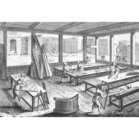 JoinerS Shop Ninside The JoinerS Shop One Sawyer Handles The Ripsaw (A) And Another The Crosscut Saw (B) At The Far Worktables The Two-Man Plane (E) And Brace-And-Bit (D) Are In Use At The Left (F)