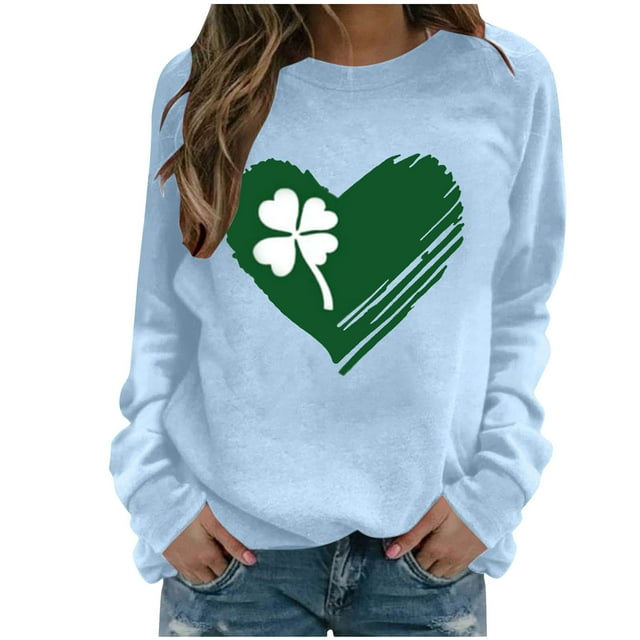 Mceream Femmes St Patricks Day Chandail en Molleton Décontracté Mode Trèfle Irlandais Chandails Imprimé Graphique Mignon Manches Longues Chandail à Enfiler Hauts Grande Taille Tenue de Fête et Cadeau Bleu Pâle TG