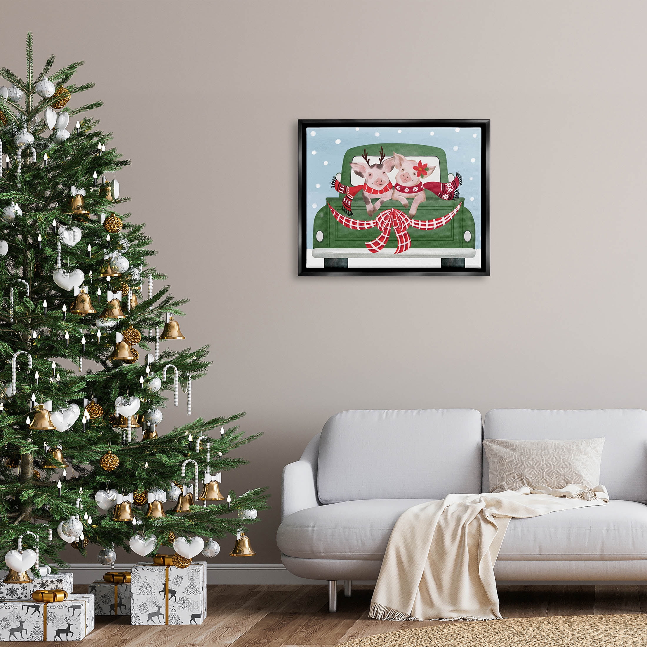 Farmhouse Pigs Green Holiday Truck Holiday Graphic Art Jet Black Framed Art Print Wall Art
