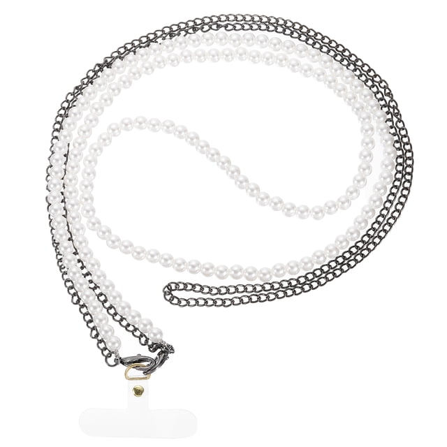 Lanyard de teléfono cruzado de perlas Uxcell, correa de cadena para teléfono celular con parches de sujeción, negro