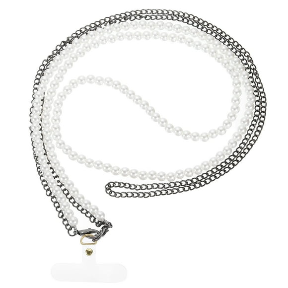 Lanyard de teléfono cruzado de perlas Uxcell, correa de cadena para teléfono celular con parches de sujeción, negro