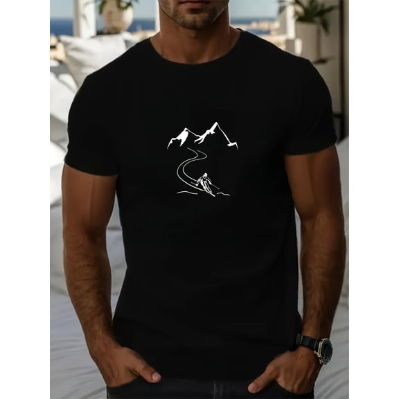 Men's Ski and Snowboard Graphic Casual T-Shirt - Summer Short Sleeve Crew Neck Mountain View Design, Breathable and Comfortable Outdoor Sport Style, Regular Fit Durable Daily Top