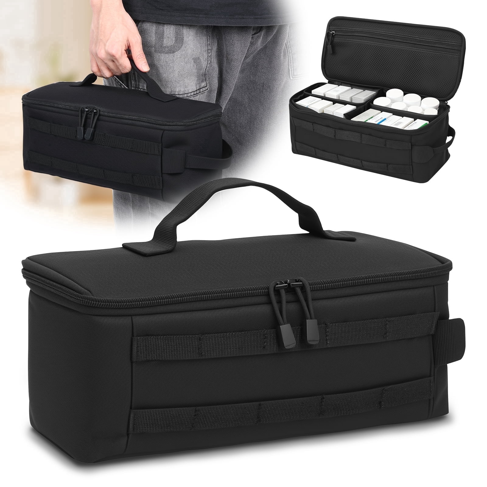 First Aid Bag Only Zippered Medicine Storage Organizer with Inner Dividers Emergency Trauma Kit Bag for Car Travel Black No Medical Supplies