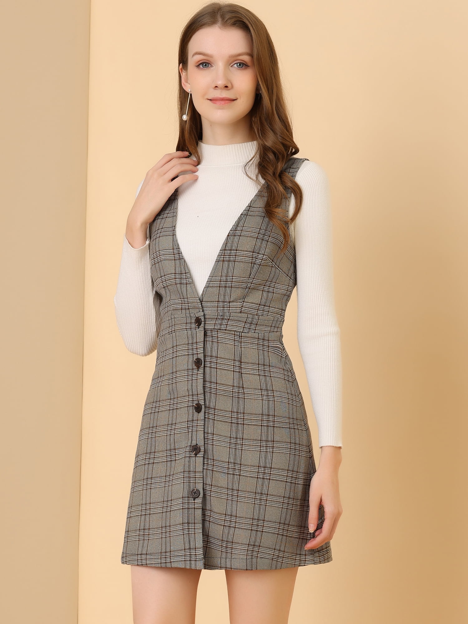 DARING DIVA Houndstooth Plaid Suspenders Pinafore Overall Dress S Brown Black