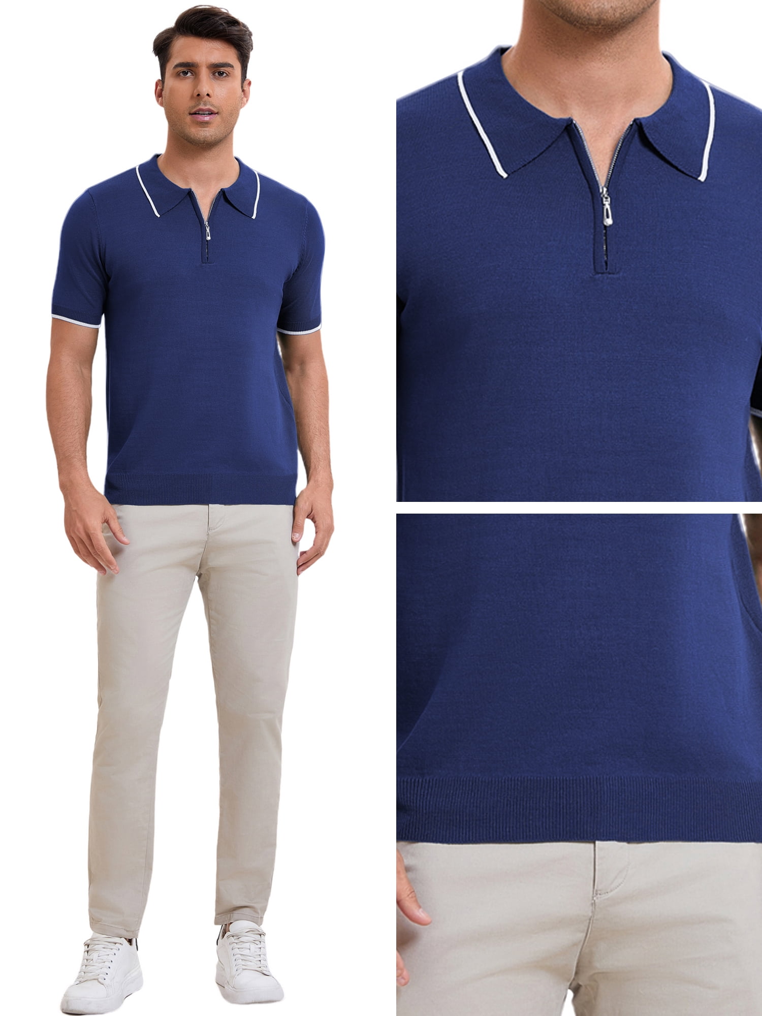 DARING DIVA Men's Formal Short Sleeved Zipper Slim Fit Classic Polo Shirts S Navy Blue
