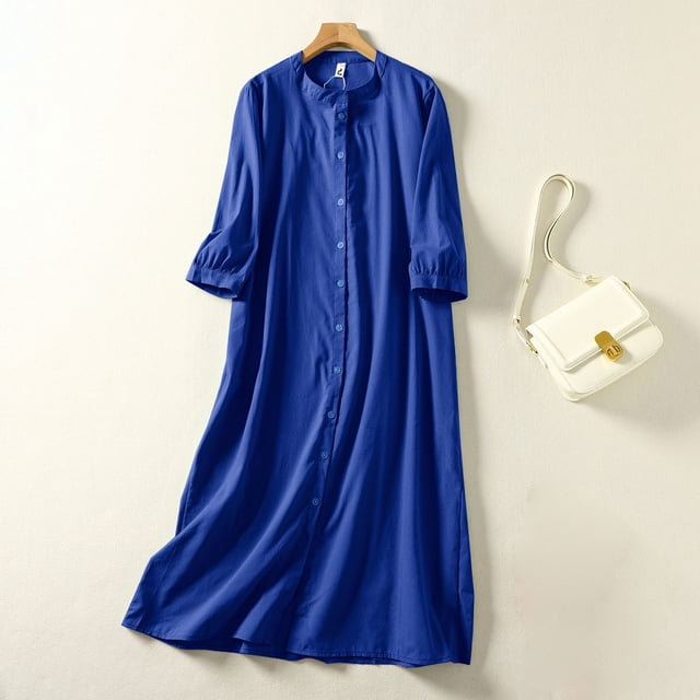FcBaudy Longues Robe à Manches à Col Rond Robe Ample pour Femme Robe à Manches 3/4 à Boutons Col Rond Robe Longue Robe Femme Robe