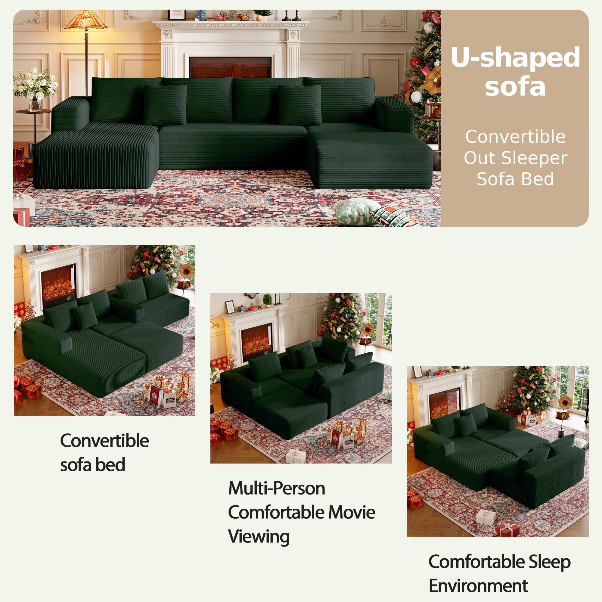 DILORA Large Sectional Cloud Couch,U-Shaped Sofa(Green),Modular And Compressed,Three Packages,134 Inches