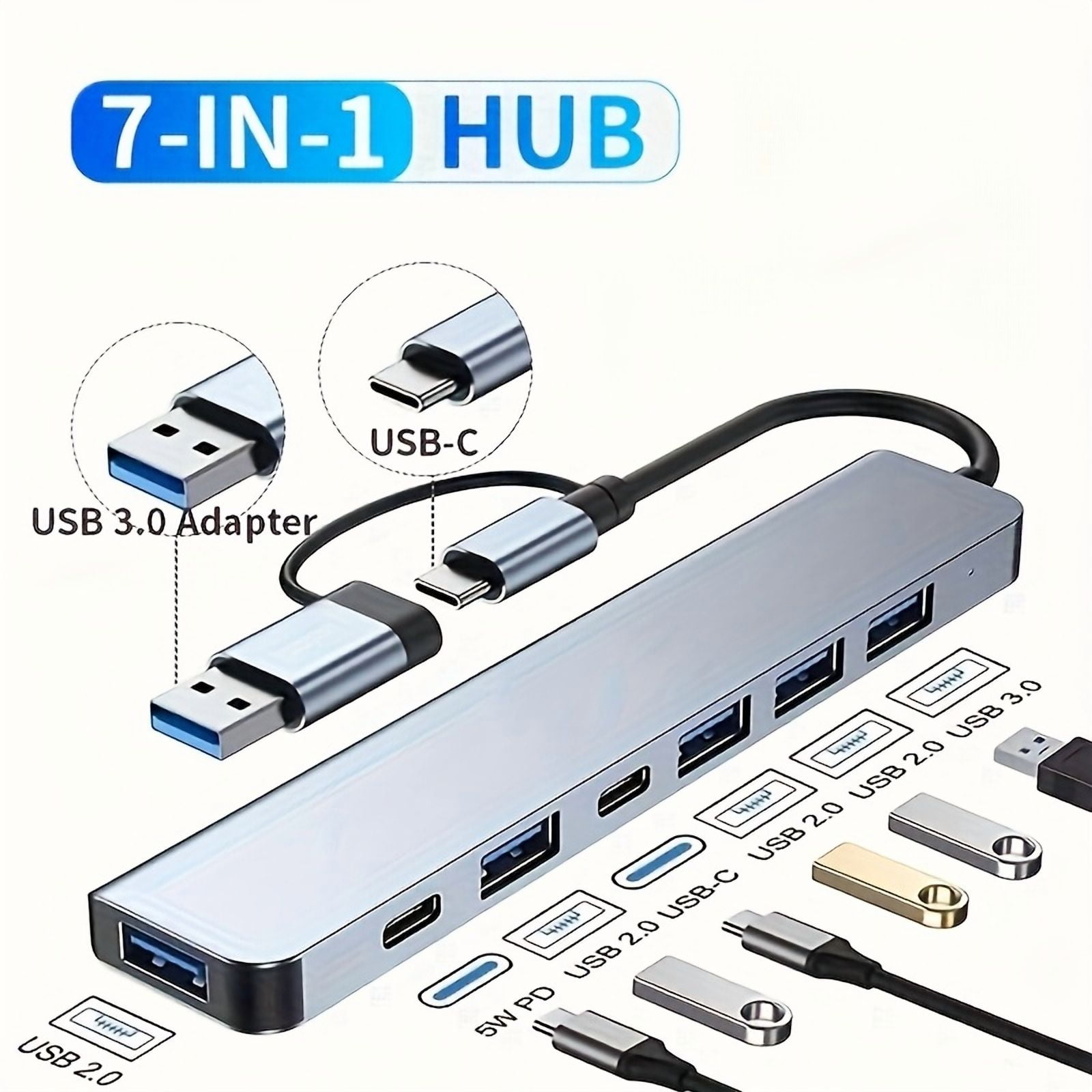 7‑in‑1 Aluminum Alloy USB‑C Multiport Hub Splitter, 1‑USB3.0 4‑USB2.0 2‑Type‑C Ports Portable USB Expander Adapter for Laptop Computer Peripherals