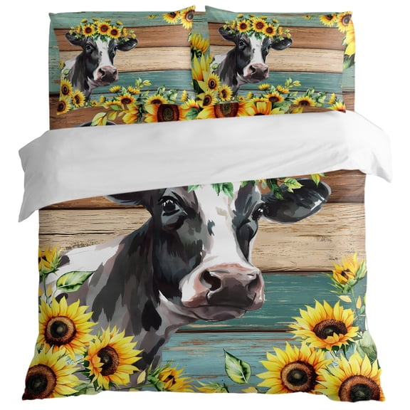 Farm Cow Sunflower King Size Bed Set,Teal Brown Wood Board Bedding for All Seasons,4 Pcs Bed Set with 1 Quiltcover (104"x90"),1 Sheet (108"x98"),2 Pillowcases (20"x36")