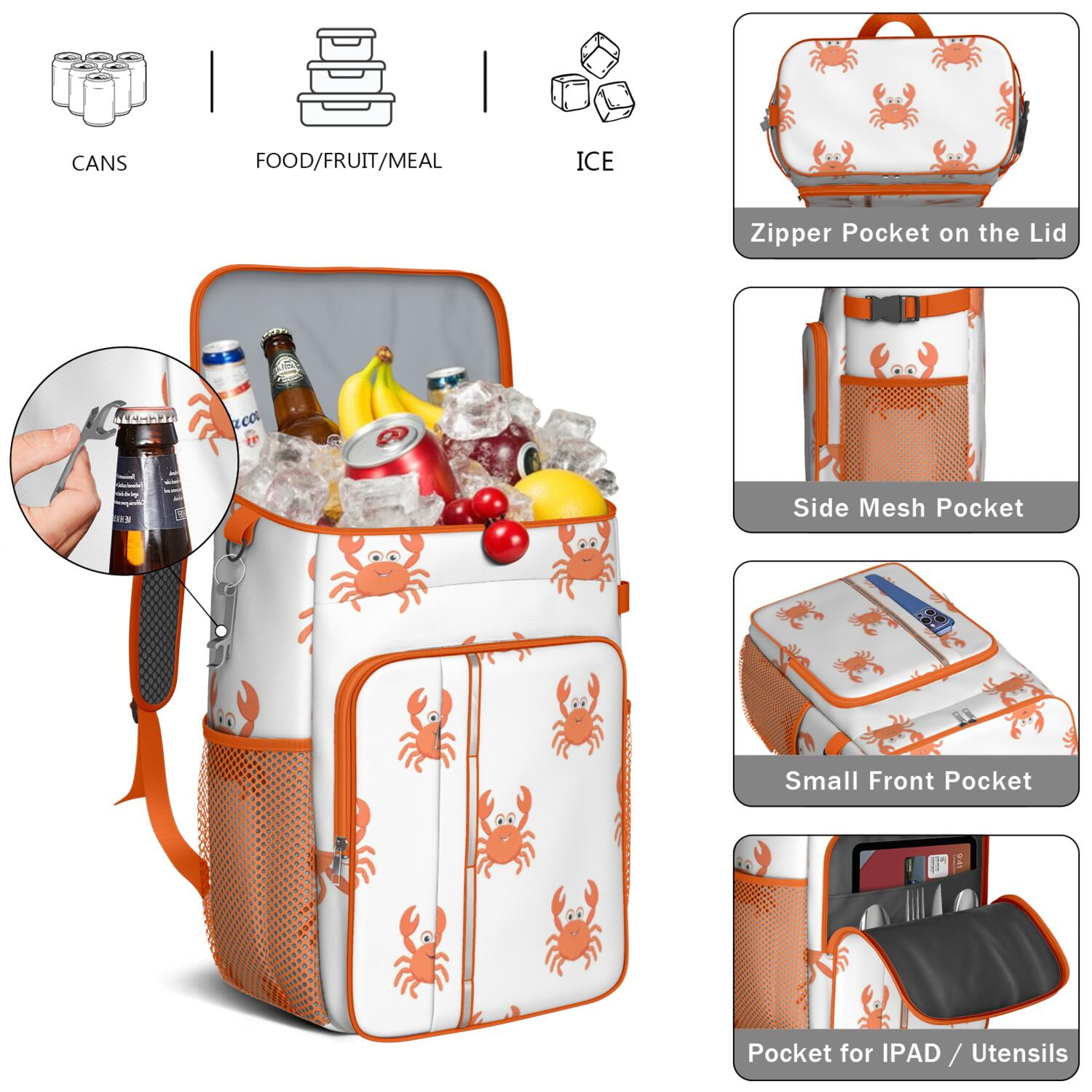 Insulated Cooler Backpack,Soft Backpack Coolers Insulated Leak Proof Travel Cooler Bag Waterproof Lunch Picnic Beach Work Trip Thermal Bag Drink Beverage Beer Bag Cooler Marine Adorable Crab