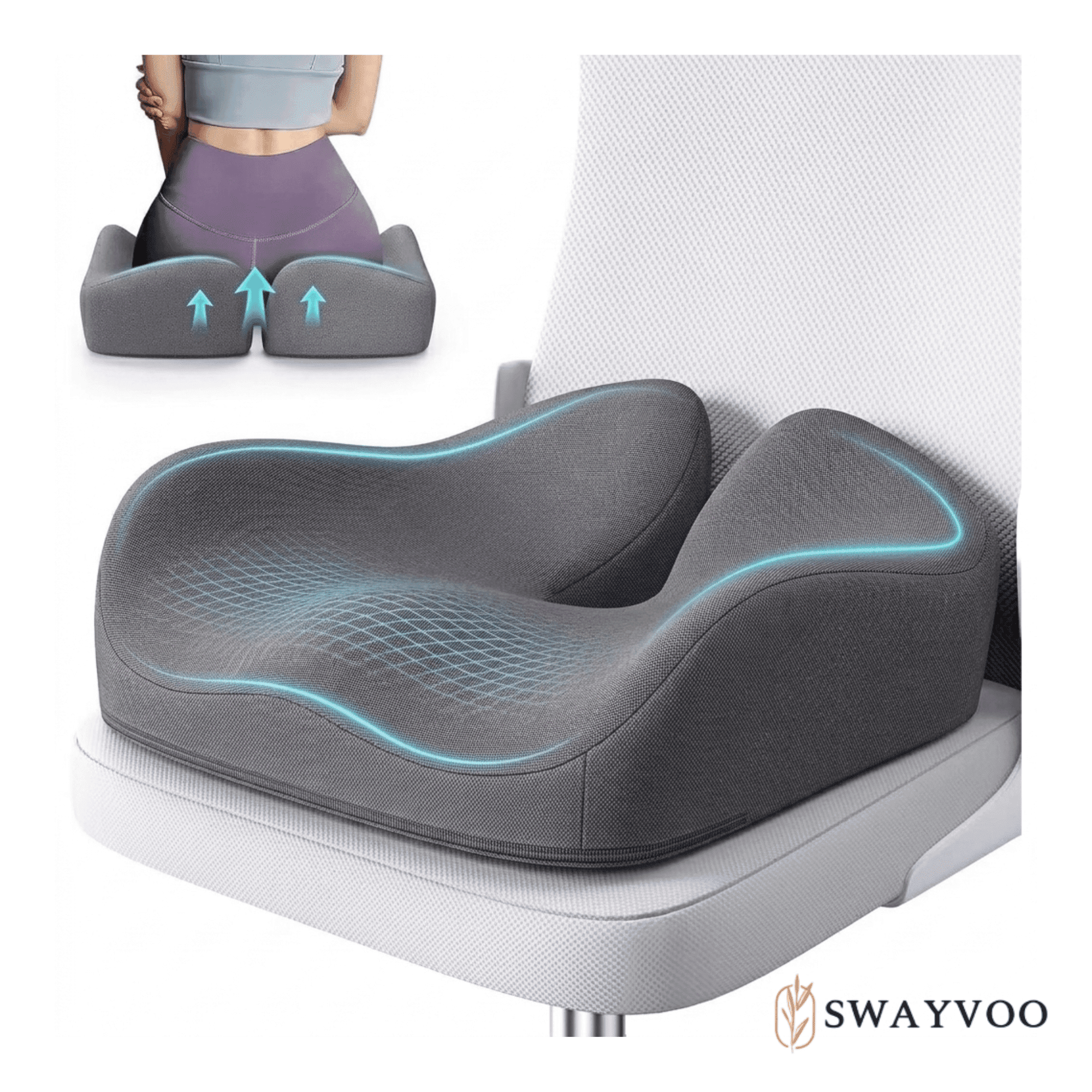 Swayvoo Contoured Memory Foam Seat Cushion for Office Chair & Car Seat – Sciatica, Tailbone & Back Pain Relief Support Cushion Gray