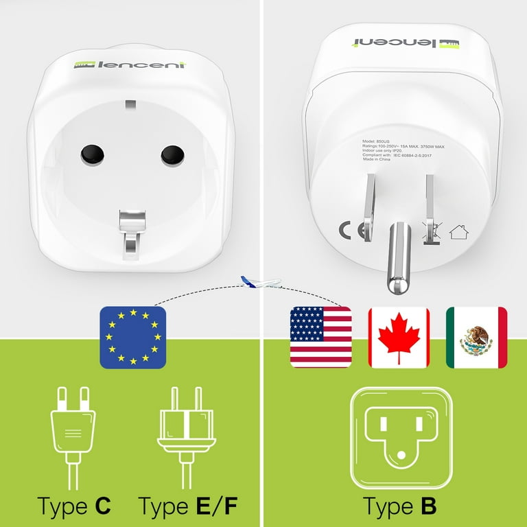 2 Pack Europe to US Plug Adapter, LENCENT European to USA Adapter, American  Outlet Plug Adapter, EU to US Adapter, Europe to USA Travel Plug Converter  