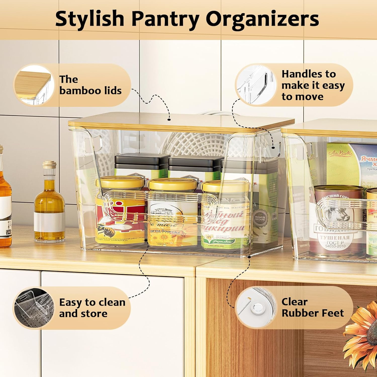 Potato Storage Bin, LazySpin Onion Holder Stackable Kitchen Pantry Organizer with Bamboo Lid 2 Pack, Clear