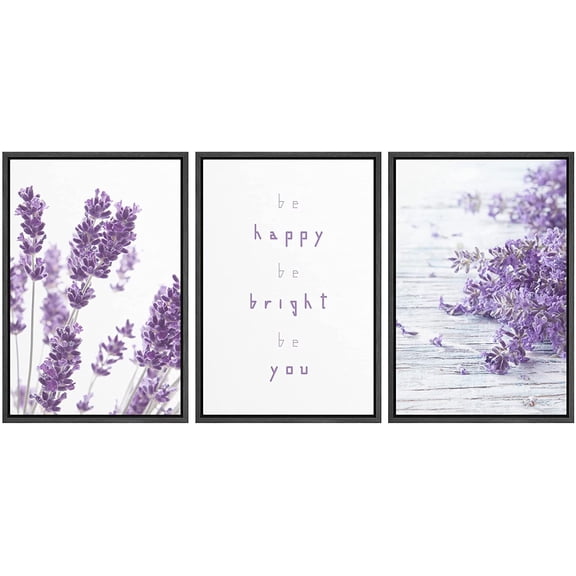 wall26 3 Panel Purple Lavender Flowers with Be Happy Be Bright Be You Quotes Gallery 16 x24 x 3 Panels - 16"x24"x3 Black