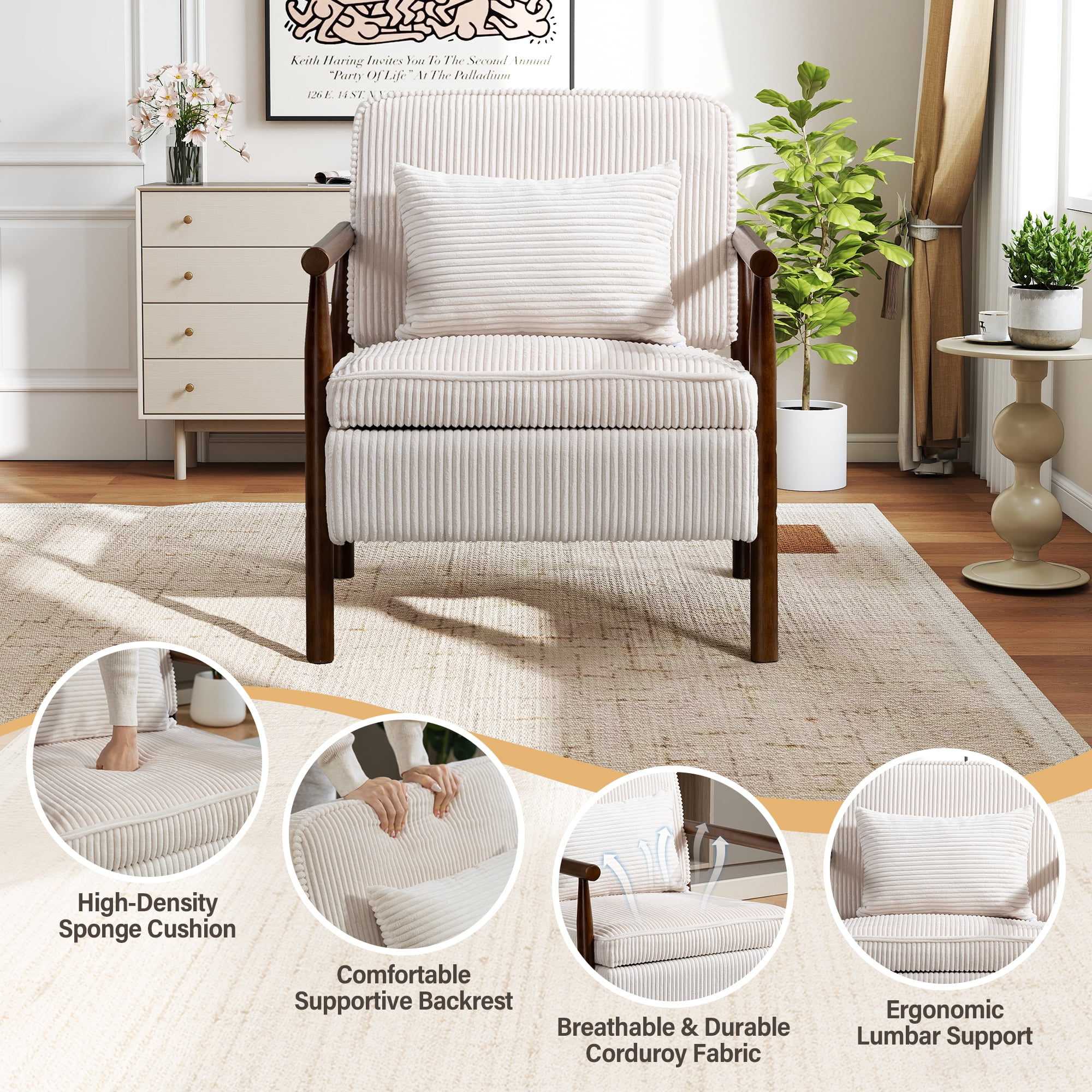 Aukfa Upholstered Accent Chair with Storage Seat & Waist Cushion, High-Density Lounge Armchair for Living Room Bedroom,White