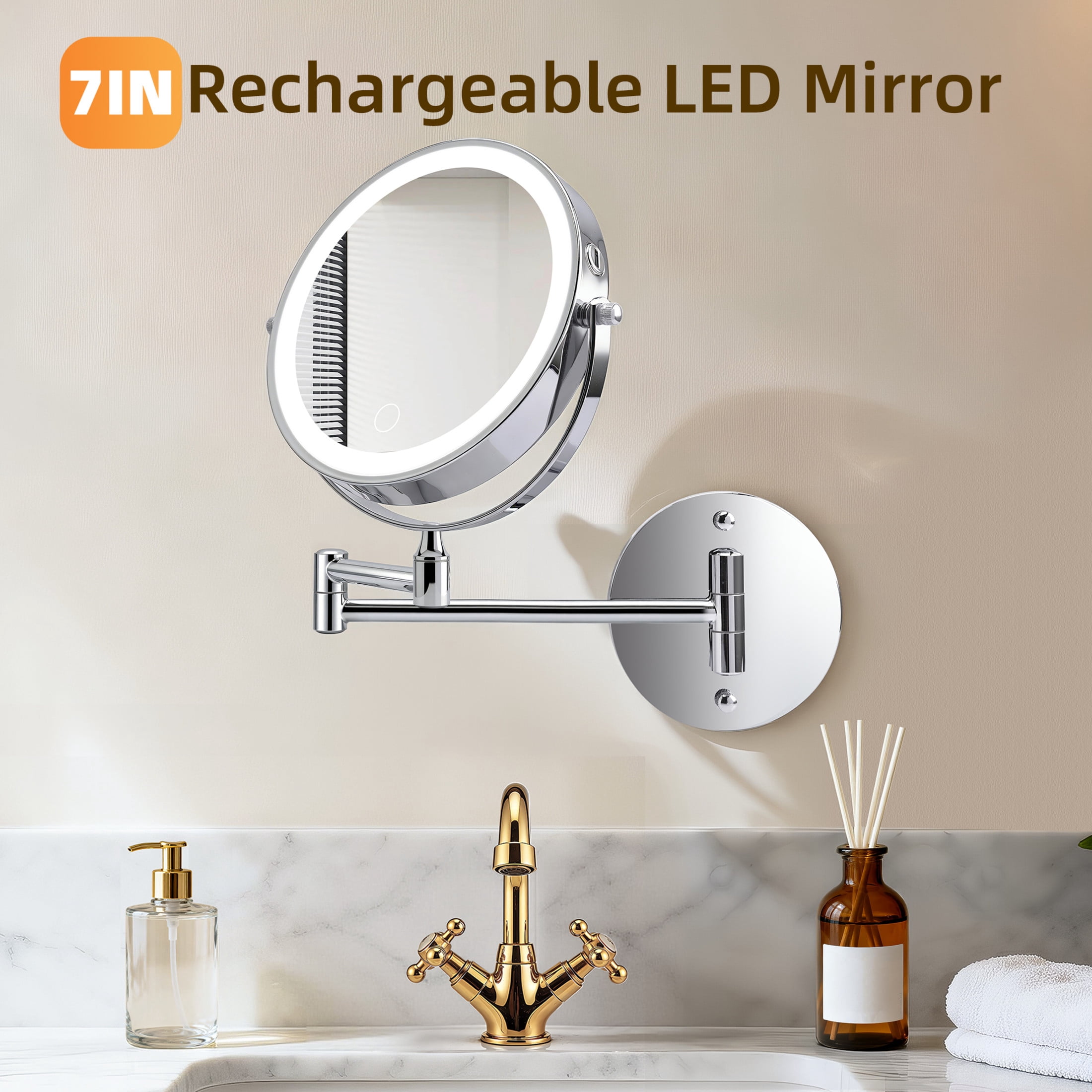Noble House 10.4" Rechargeable Wall Mounted LED Makeup Mirror, Brushed Double-Sided Rotation Vanity Mirror, Chrome