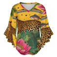 thumbnail image 5 of Tropical Jungle Leopard Parrot Fish Women's V-Neck Blouse With 3/4 Ruffled Bell Sleeves Casual Top Ladies Blouses, 5 of 7