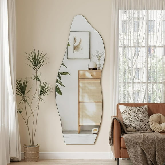 Full Length Mirror 63"x23.6" Irregular Wall Mounted Mirror, Large Asymmetrical Beveled Edge Frameless for Living Room Bathroom Bedroom Entryway Decoration