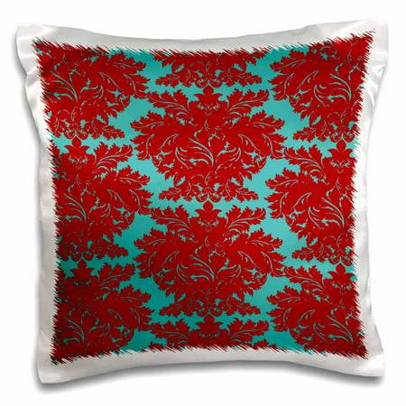 3dRose Elegant Bold Red And Aqua Blue Trendy Color Scheme Damask Pattern, Pillow Case, 16 by 16-inch