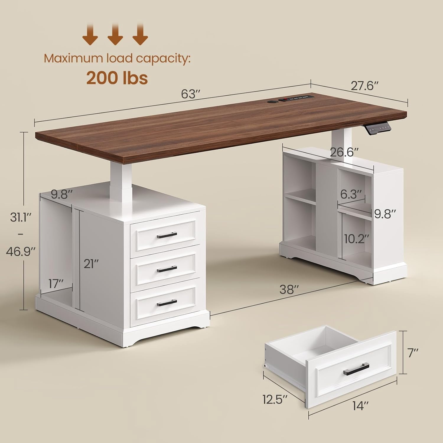 Standing Desk with 3 Wood Drawers, Farmhouse Computer Desk with Power Outlets & Open Shelves, 63" Height Adjustable Home Office Desk, Stand Up Desk with Storage, White