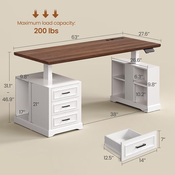 Farmhouse Electric Standing Desk, 63" Height Adjustable Computer Desk with 3 Drawers, Storage Shelves, Power Outlets, Wood Home Office Stand  Desk for Work, Study, Writing, White